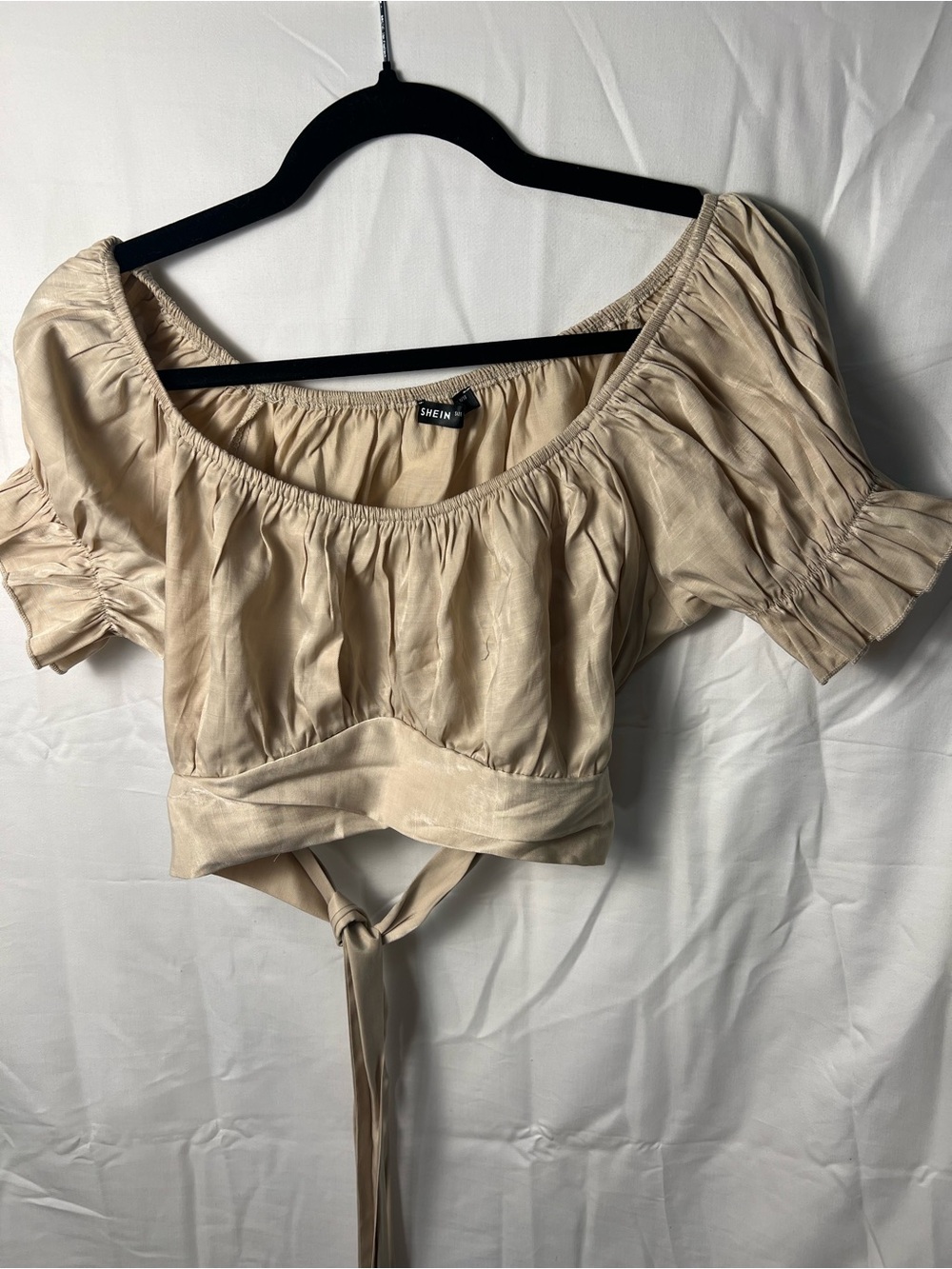SHEIN Beige Puff-Sleeve Smocked Tie-Back Crop Top